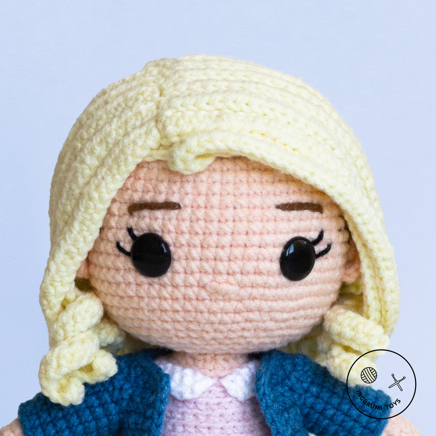 Eleven Amigurumi Crochet Doll Pattern PDF in white wig, blue jacket and pink dress, Stranger Things