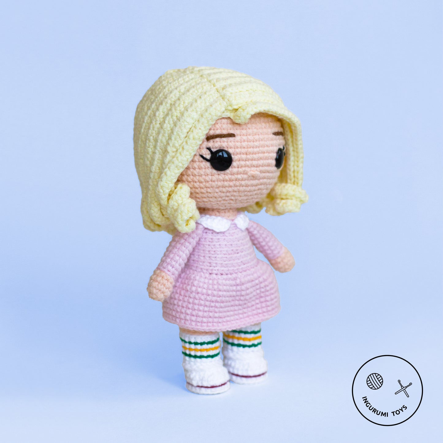 Eleven Amigurumi Crochet Doll Pattern PDF in white wig and pink dress, Stranger Things