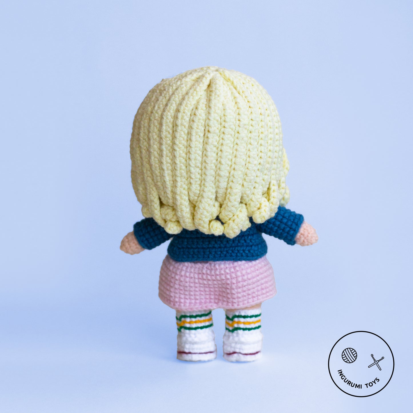 Eleven Amigurumi Crochet Doll Pattern PDF in white wig, blue jacket and pink dress, Stranger Things