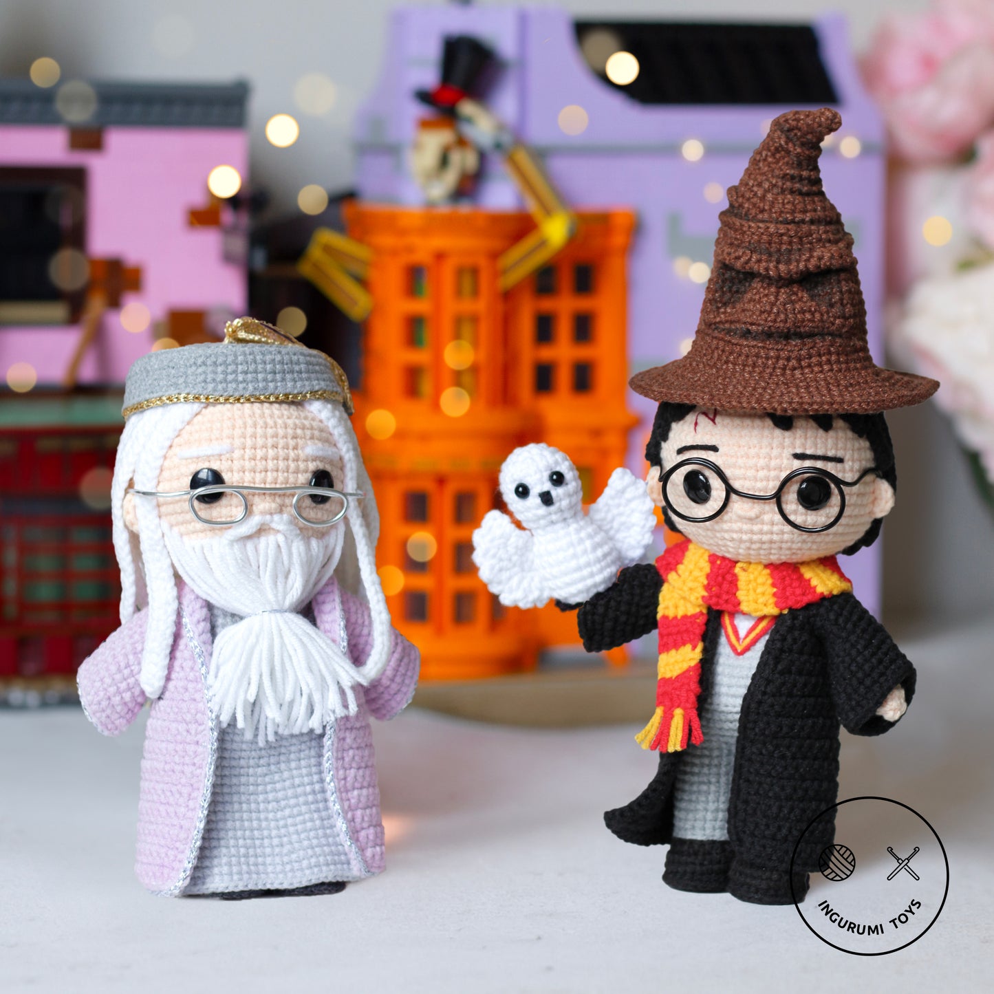 Amigurumi crochet pattern bundle featuring Harry Potter, Dumbledore, and the Sorting Hat — handmade Hogwarts-inspired toys with detailed PDF instructions