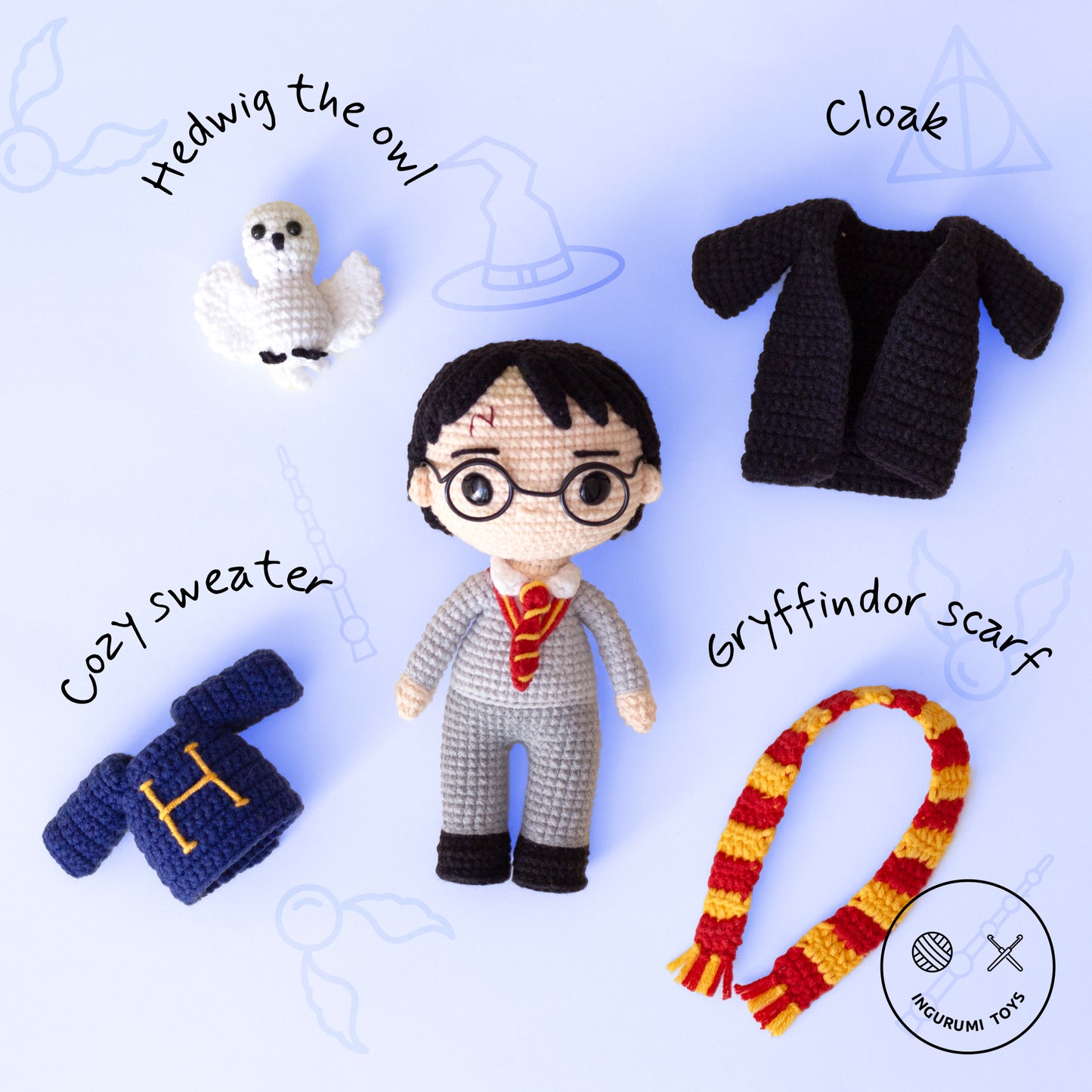 Harry Potter amigurumi crochet pattern – toy in black cloak with red and yellow tie, crocheted Hedwig owl, Gryffindor scarf, blue Christmas sweater