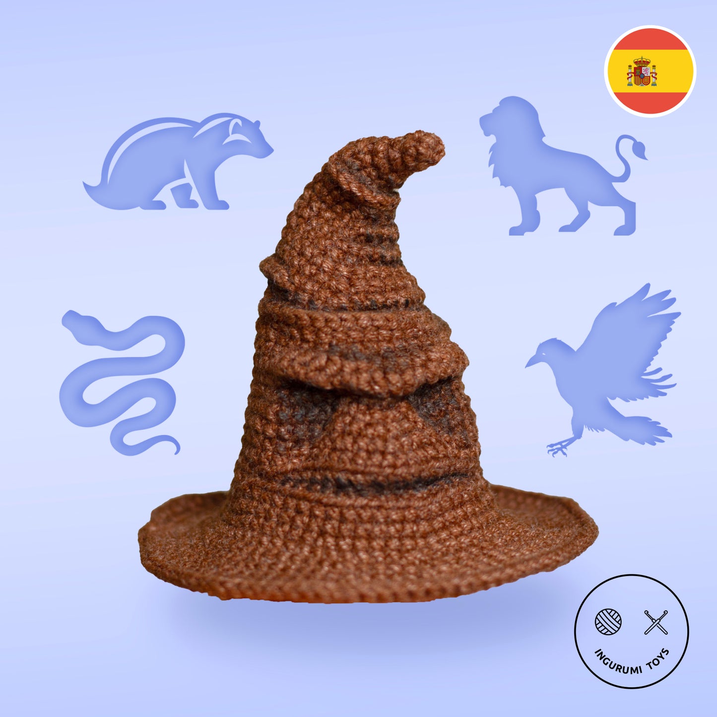 Juguete amigurumi de ganchillo del Sombrero Seleccionador de Harry Potter, con pliegues detallados y una carita, hecho con hilo marrón