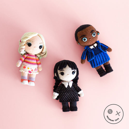 Wednesday Addams, Enid Sinclair and Bianca Barclay Amigurumi Crochet Doll Pattern PDF