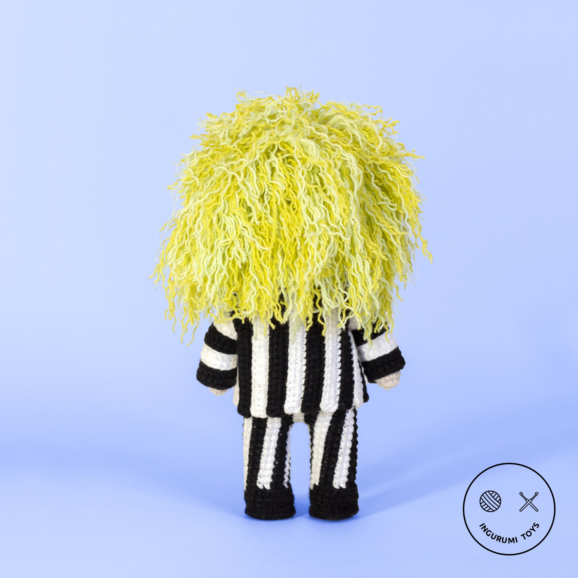 Amigurumi Beetlejuice pattern – crochet doll with black and white stripes and green hair