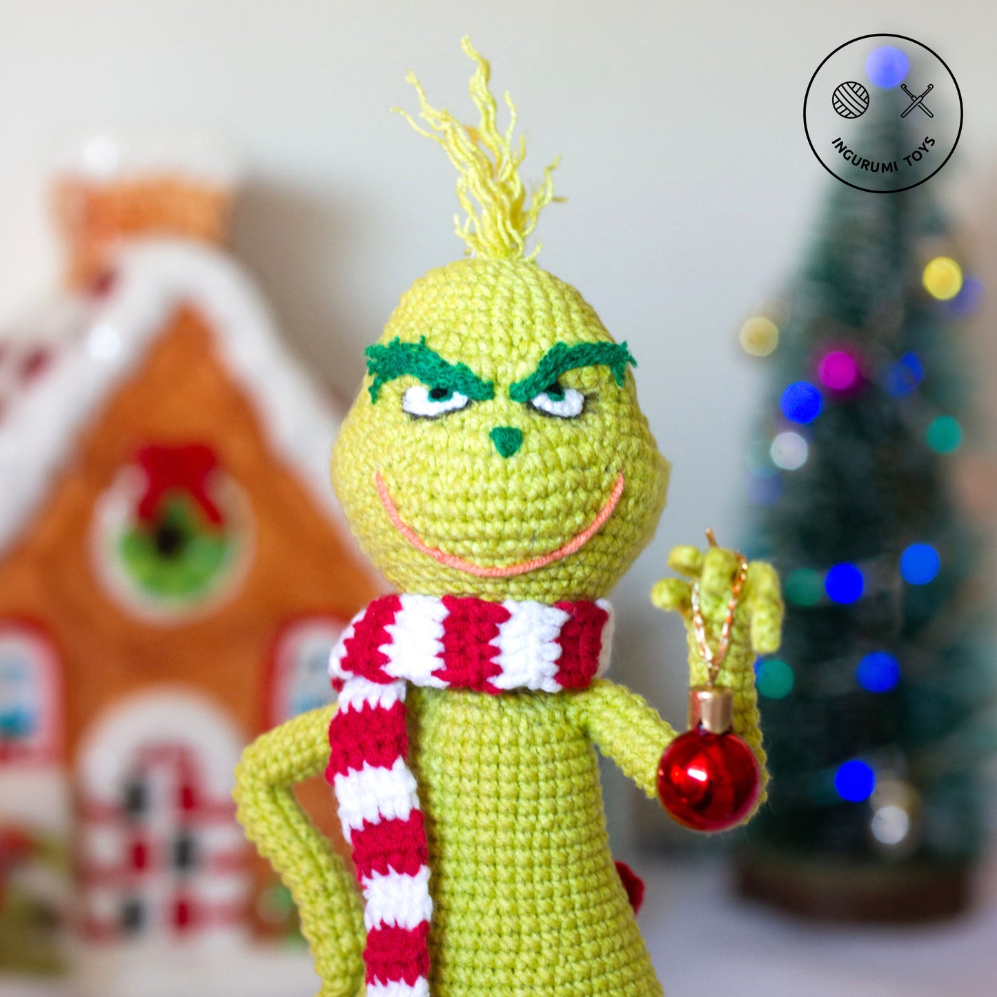 Amigurumi pattern for crochet toy Grinch with red and white scarf