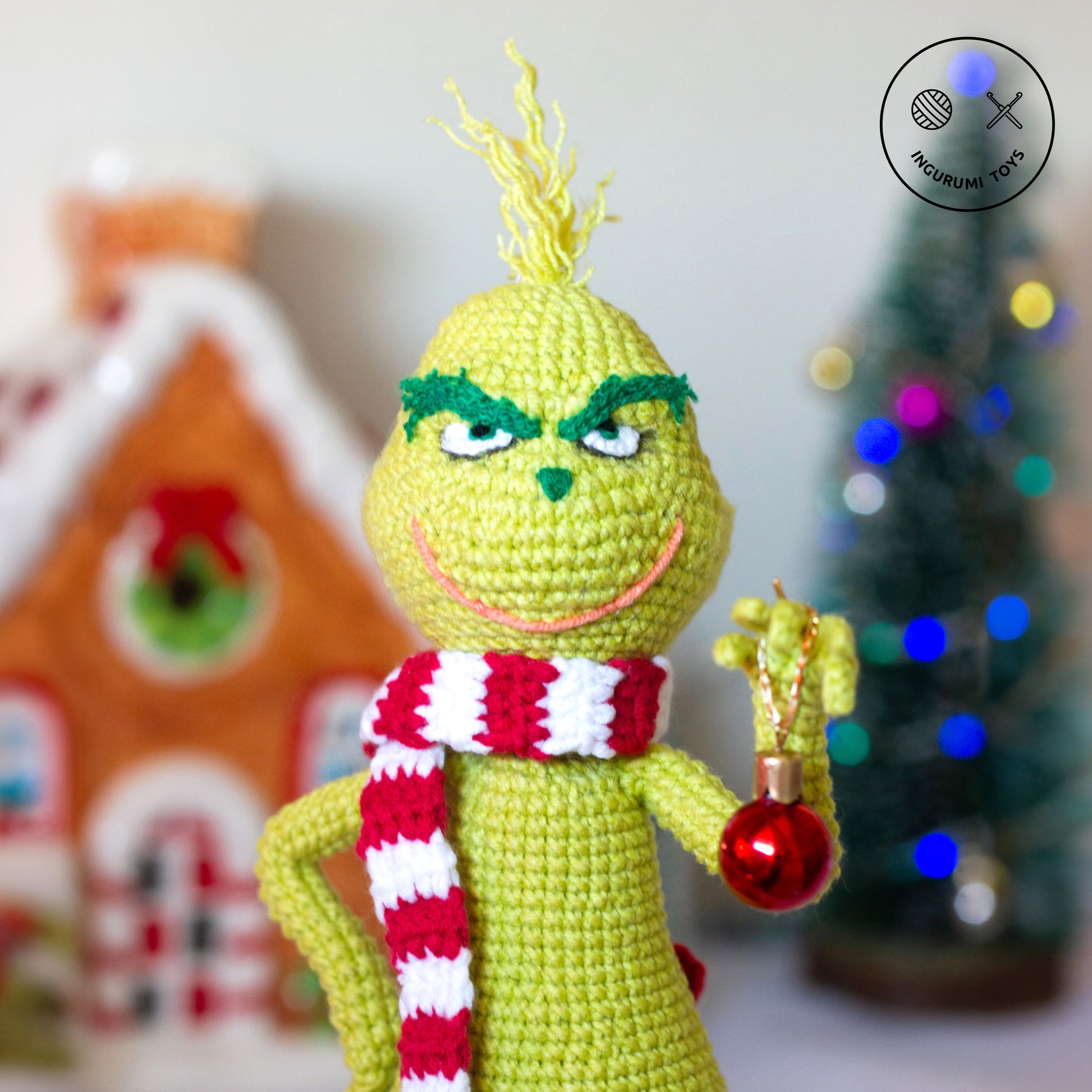 Amigurumi pattern for crochet toy Grinch with red and white scarf