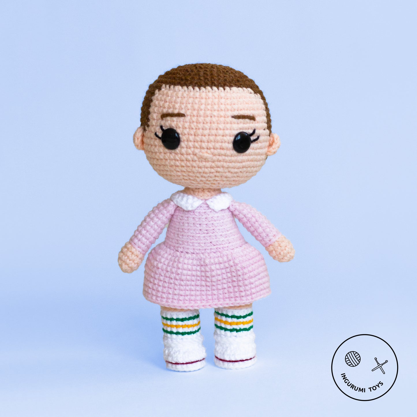 Eleven Amigurumi Crochet Doll Pattern PDF in white wig, blue jacket and pink dress, Stranger Things