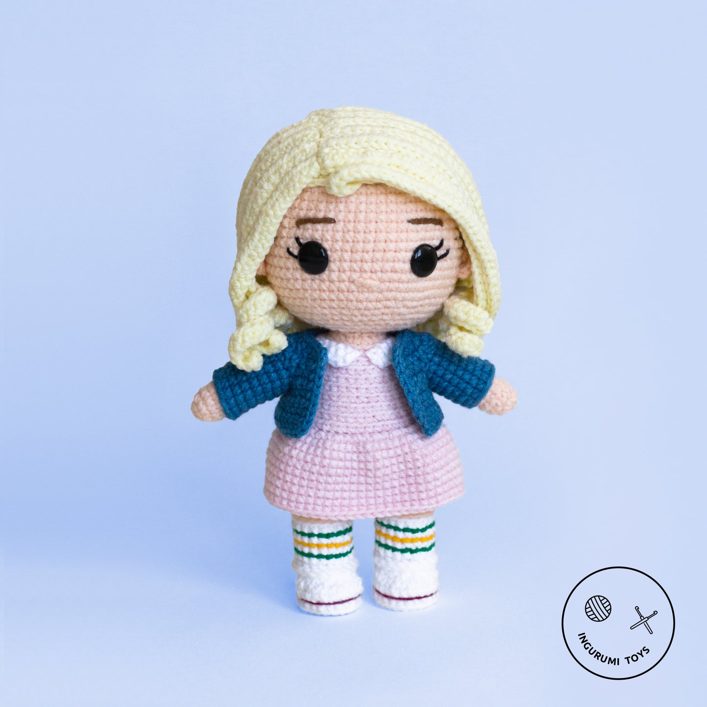 Eleven Amigurumi Crochet Doll Pattern PDF in white wig and pink dress, Stranger Things