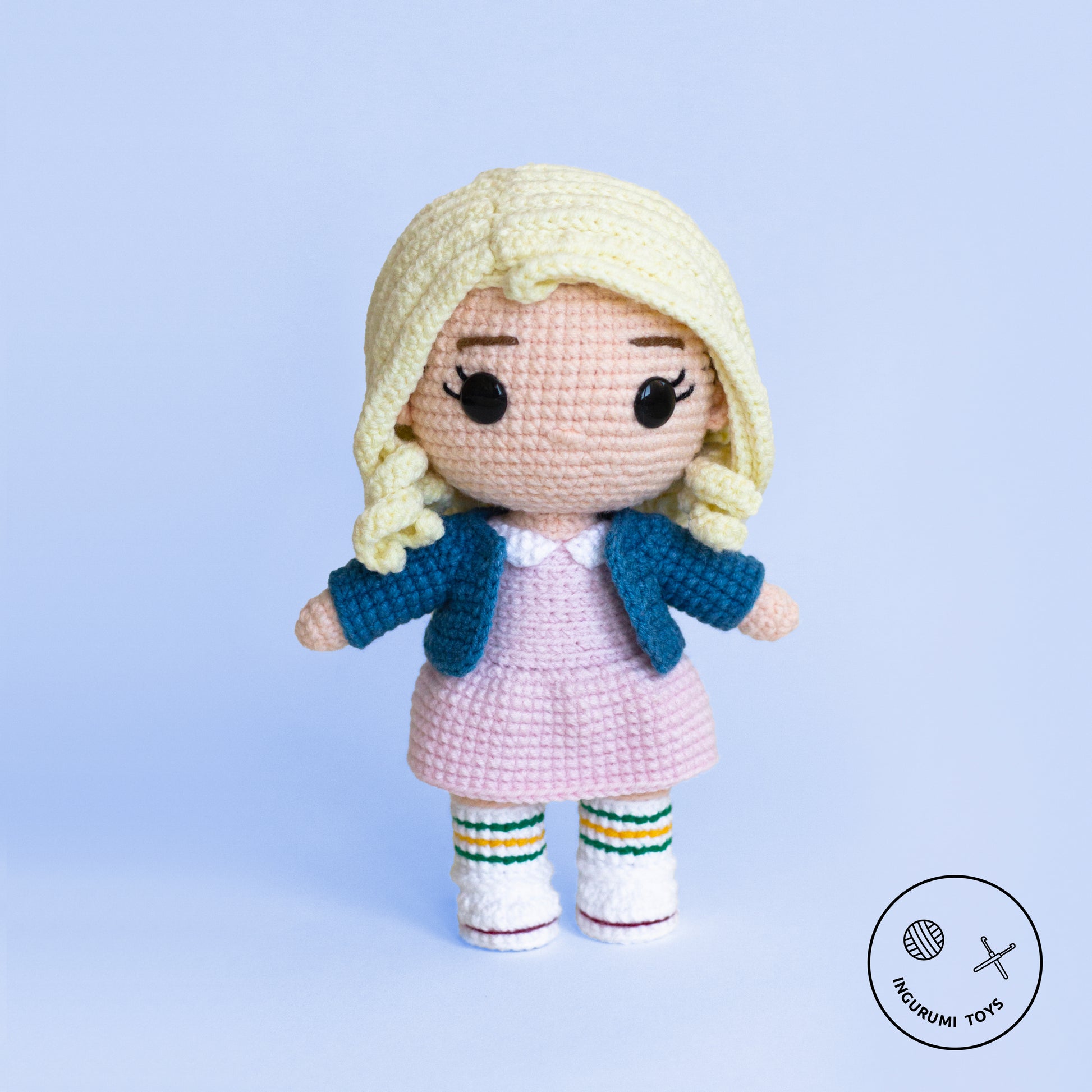 Eleven Amigurumi Crochet Doll Pattern PDF in white wig and pink dress, Stranger Things