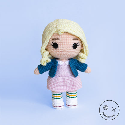 Eleven Amigurumi Crochet Doll Pattern PDF in white wig and pink dress, Stranger Things