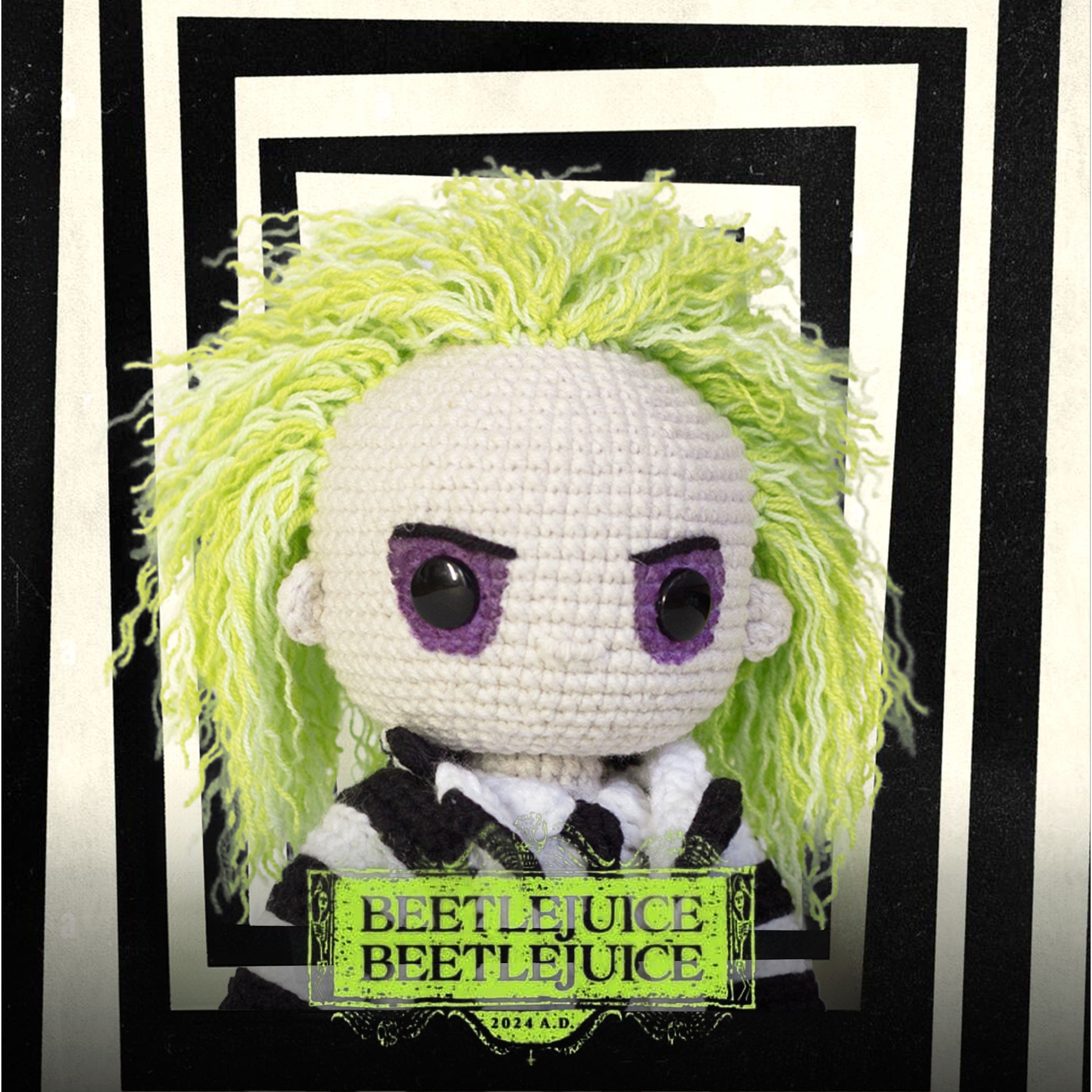 Crochet amigurumi pattern for Beetlejuice  toy wearing black and white suit, with green hair