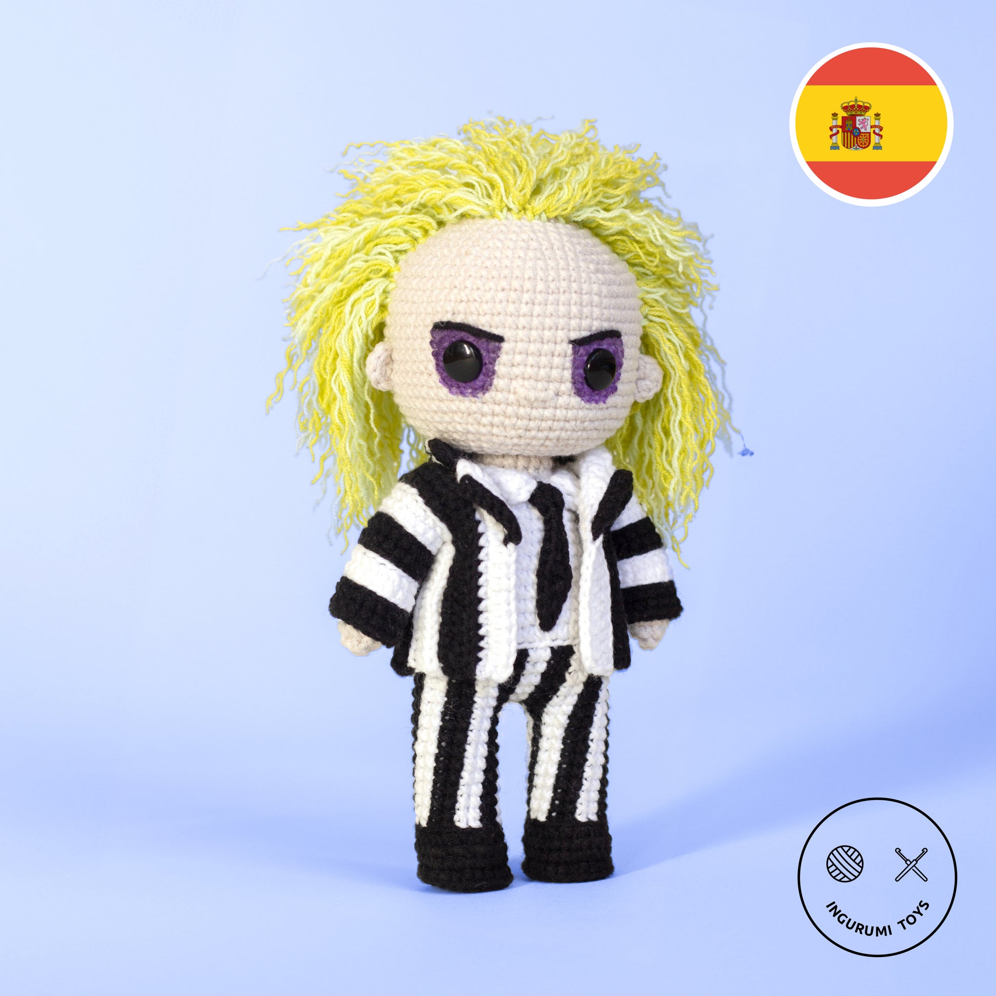 Patrón de crochet en PDF para crear un amigurumi muñecode Beetlejuice paso a paso.