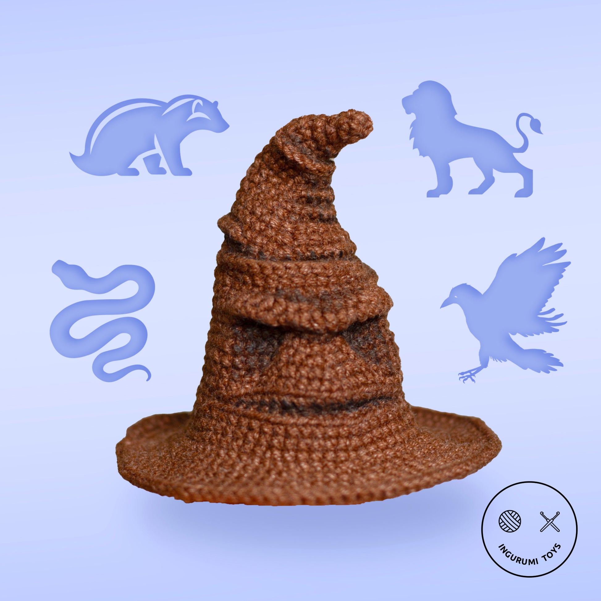 Amigurumi crochet toy of the Sorting Hat from Harry Potter, featuring detailed folds and a face, made with brown yarn