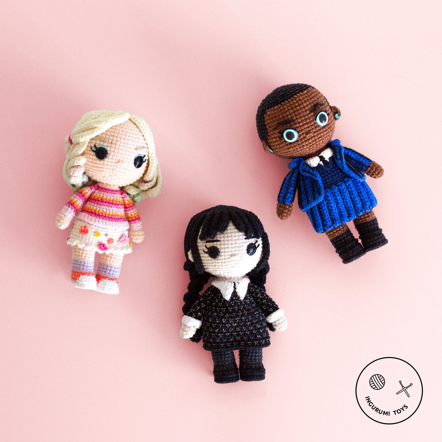 Wednesday Addams, Enid Sinclair, and Bianca Barclay crochet doll bundle – amigurumi pattern PDF set